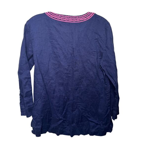 Lilly Pulitzer Blue Linen Top M Pink Embroidered Boho Resort Style Summer - Picture 2 of 10